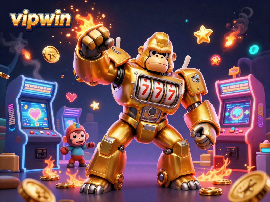 Engage in thrilling gameplay at vipwin with a dynamic illustration of a golden gorilla mech amidst vibrant casino elements.