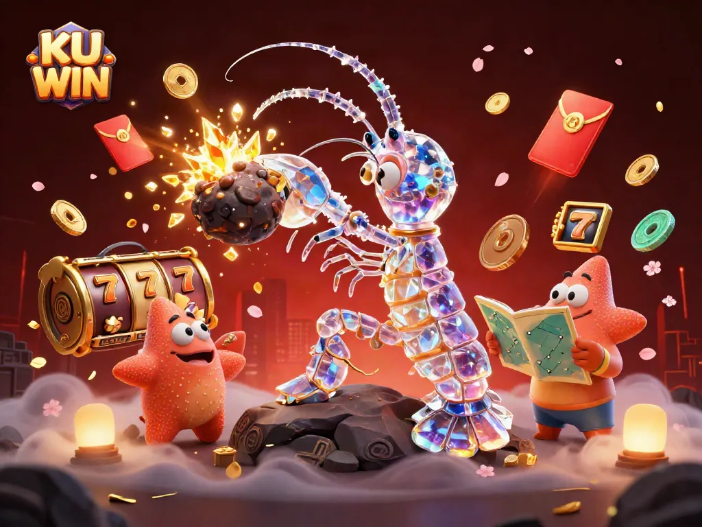 Engage in thrilling slots with KU WIN as the mantis shrimp unleashes fortune-filled gems and coins.