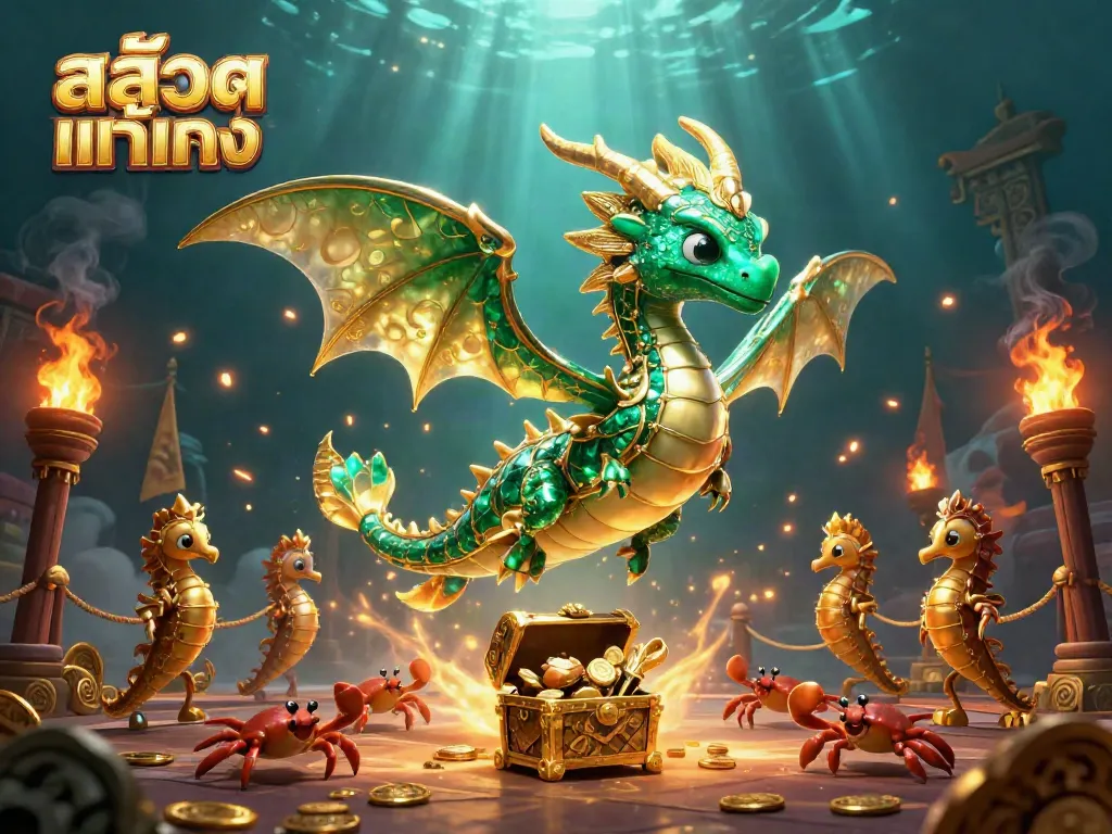 Engage with the enchanting world of สล็อตแท้ตรง, featuring a majestic sea dragon and treasures amidst a vibrant casino atmosphere.