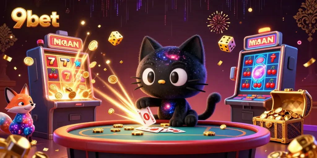 9bet casino promotional illustration featuring whimsical characters at a cosmic gaming table.