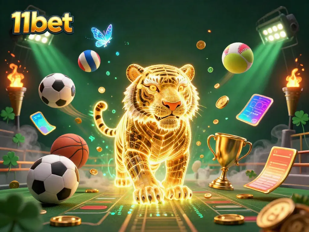 Experience thrilling gameplay with 11bet as a golden tiger explores a vibrant casino landscape.