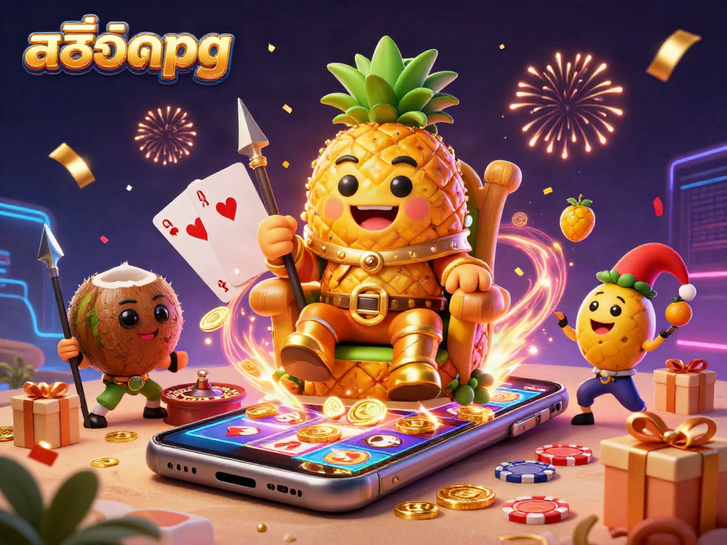 Engage with สล็อตpg featuring a golden pineapple king amidst vibrant slot game elements, perfect for casino fun.