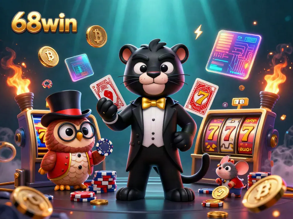 Experience the thrill of casino gaming with 68win's stylish characters revealing winning slots and crypto elements.