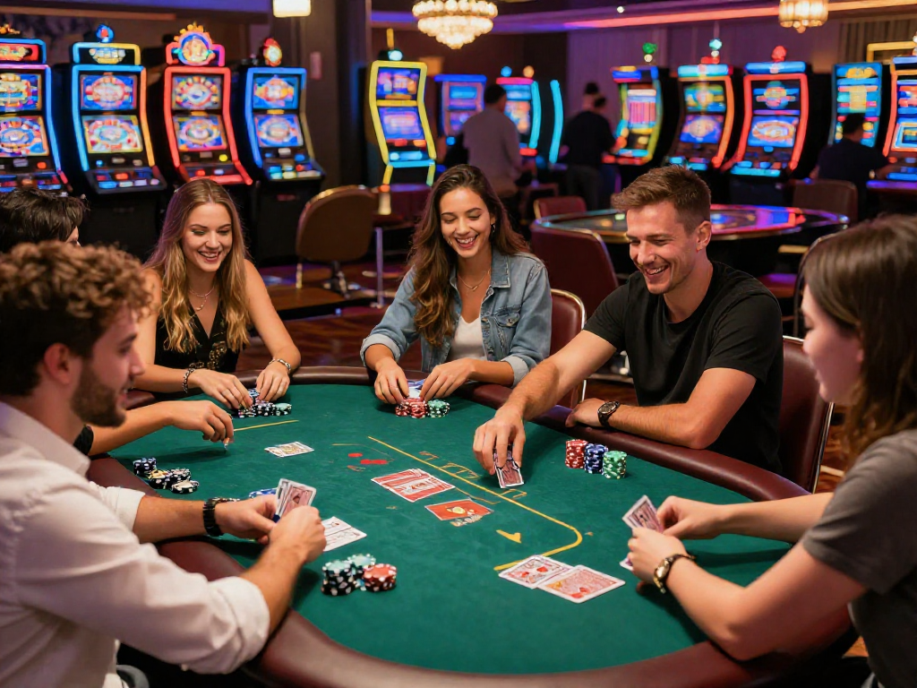 Un gruppo di amici che si diverte in un casinò non AAMS con tavolo da poker e luci vivaci