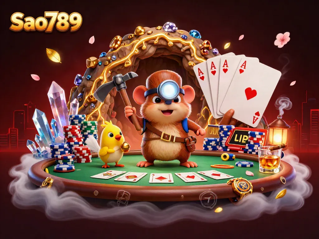 Experience thrilling gameplay at Sao789 with vibrant 3D treasure hunting mole character amidst a poker scene.