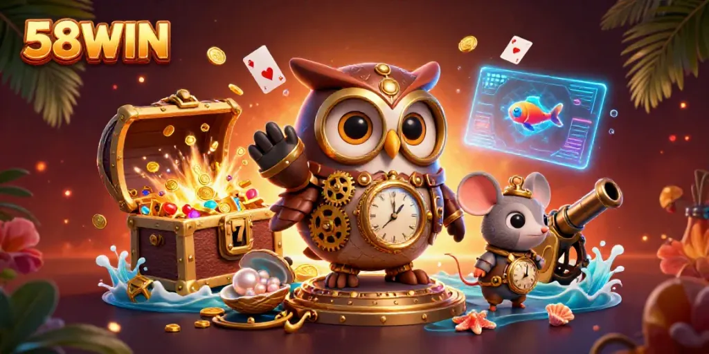 Experience exciting gaming adventures with 58WIN's dynamic characters and vibrant slot elements.