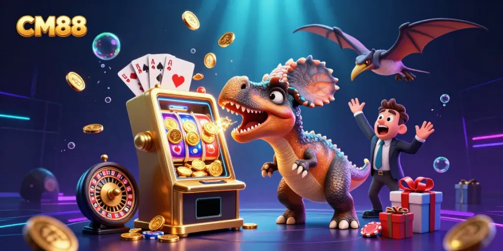CM88 pachycephalosaurus triggers a jackpot at a casino with coins flying while pteranodon swoops in to catch them.
