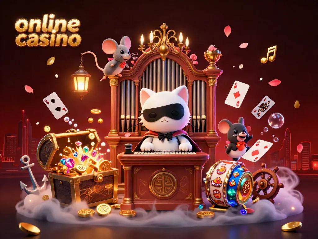 Play at the online casino with a whimsical scene featuring characters and game elements.