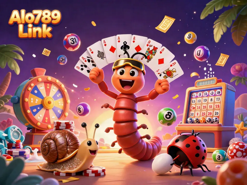 Experience vibrant action at Alo789 Link with a millipede dealer, snail high-roller, and lively gaming elements.