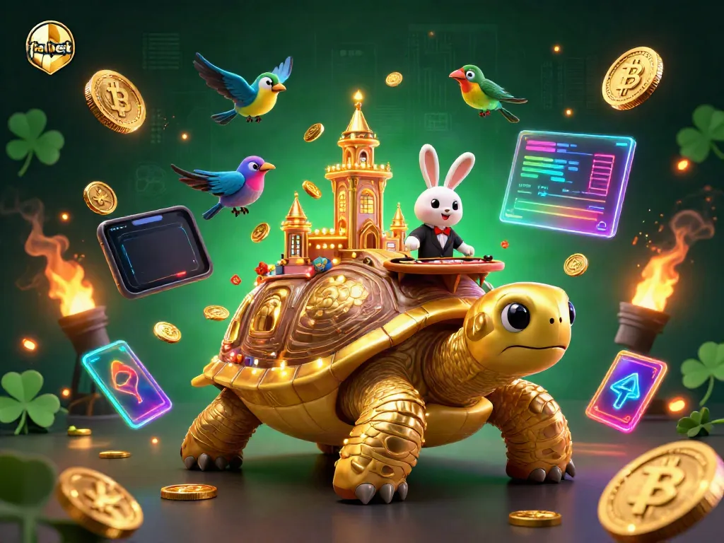 Experience the vibrant world of fabet's casino games with a 3D golden tortoise and rabbit dealer.