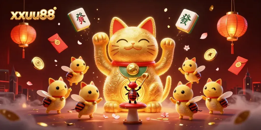 Experience the lively ambiance of xxuu88 with golden lucky cats and casino symbols.