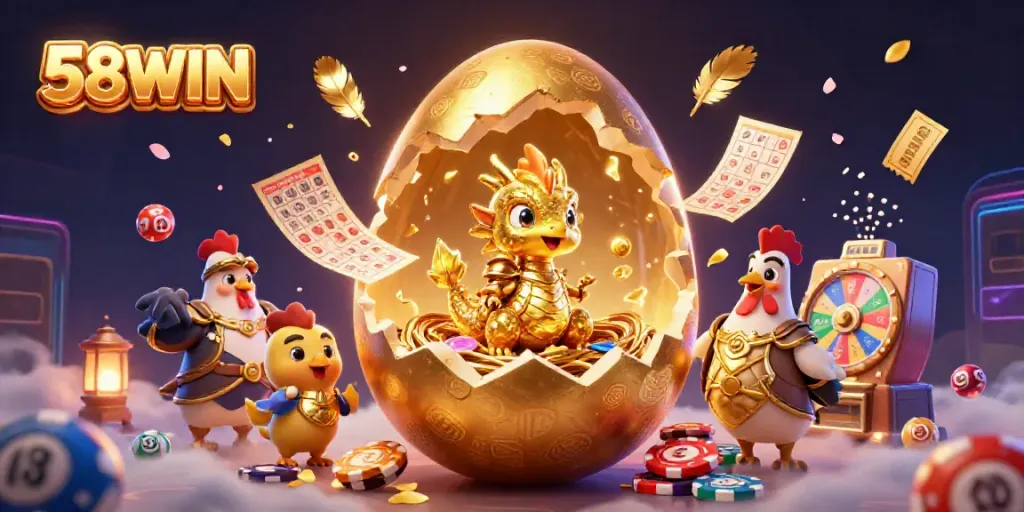 Experience the excitement of 58WIN with a golden dragon and gaming elements, capturing thrilling casino moments.