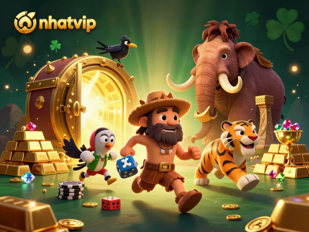 Nhatvip's vibrant prehistoric casino scene with cartoon characters, gold treasures, and fun gaming elements.