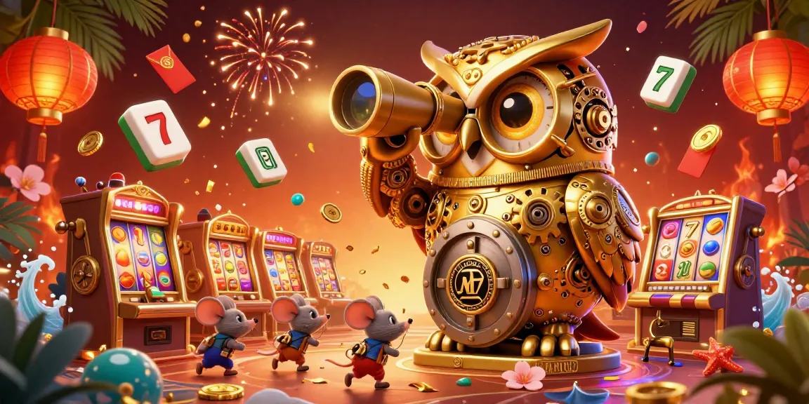 Engage with MPOID's vibrant casino scene, featuring an owl and wind-up mice among dazzling slot machines.