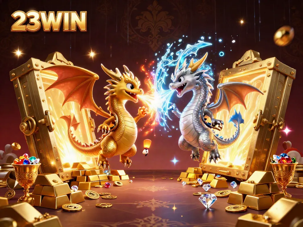 Experience the excitement of 23WIN as twin dragons battle in a gold-filled casino scene.