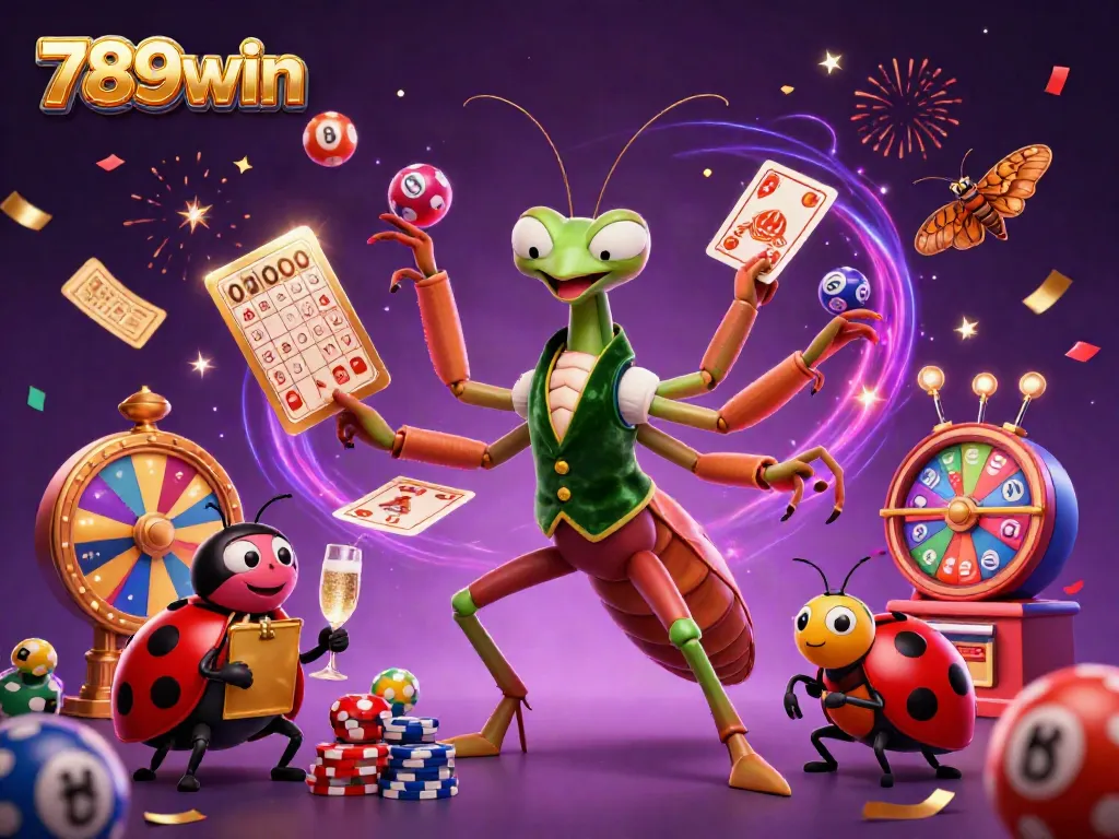 Experience the excitement of 789win with a lively casino scene featuring vibrant lottery elements and animated characters.
