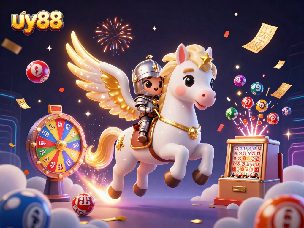 Join the adventure with uy88 as a knight rides a celestial horse amidst colorful lottery excitement!