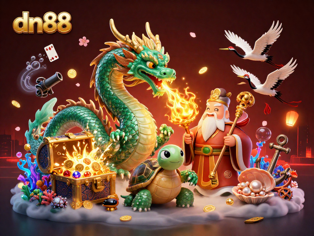 Experience epic gameplay with dn88, featuring a dragon, turtle sage, and lucky cranes amidst rich treasures.