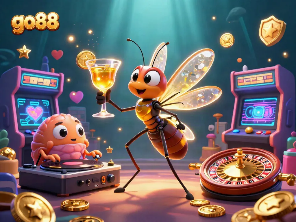 Engage with go88's vibrant casino world featuring a lively mosquito mascot and pulsating gaming elements.