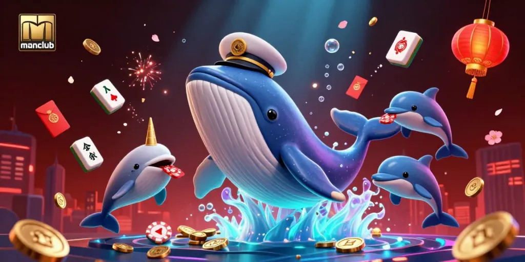 Experience thrilling games at manclub with vibrant dolphins and golden whale surrounded by poker chips and mahjong tiles.