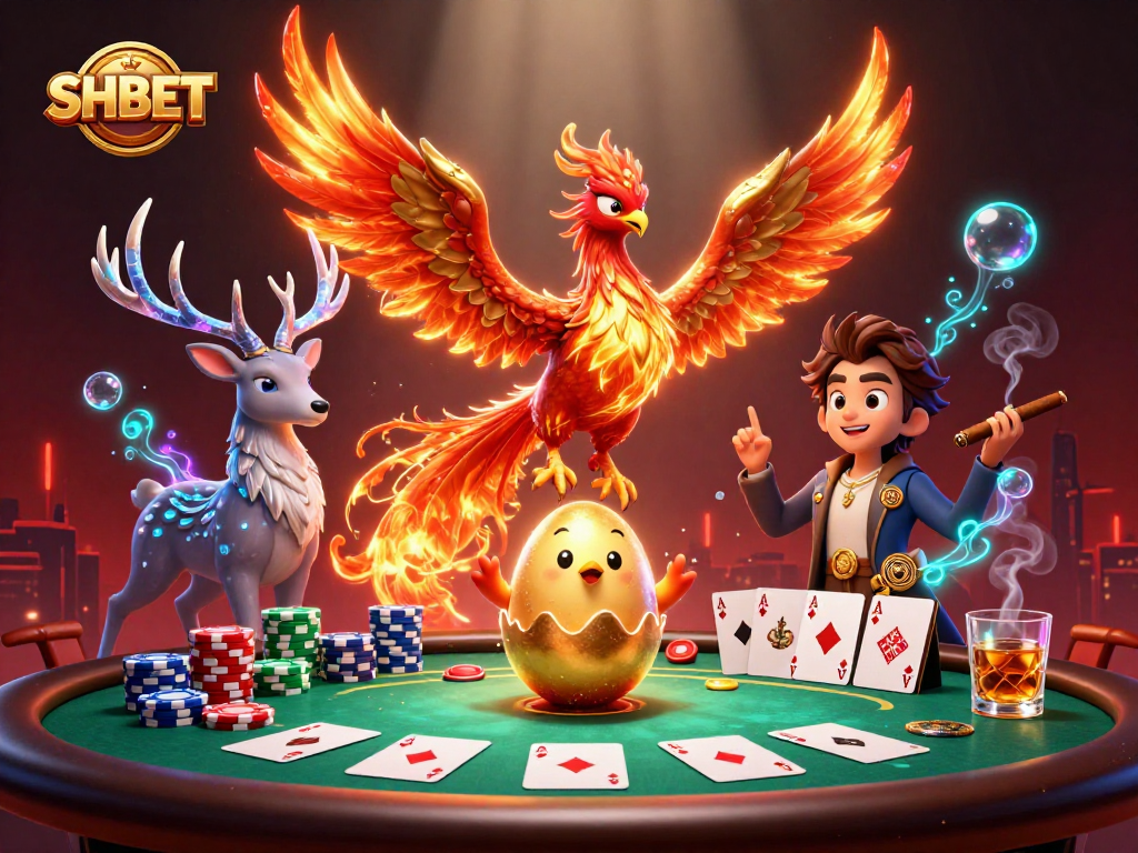 SHBET showcases a spirited scene with phoenix characters and poker elements in a dynamic casino setting.