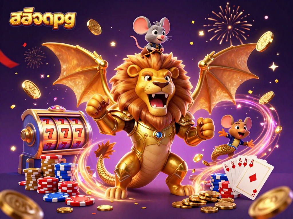 Experience the thrill of สล็อตpg with cascading coins, vibrant poker chips, and exciting slot reels!