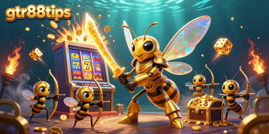 Experience the thrill of gtr88tips with an action-packed casino illustration showcasing dynamic slot machine gameplay.