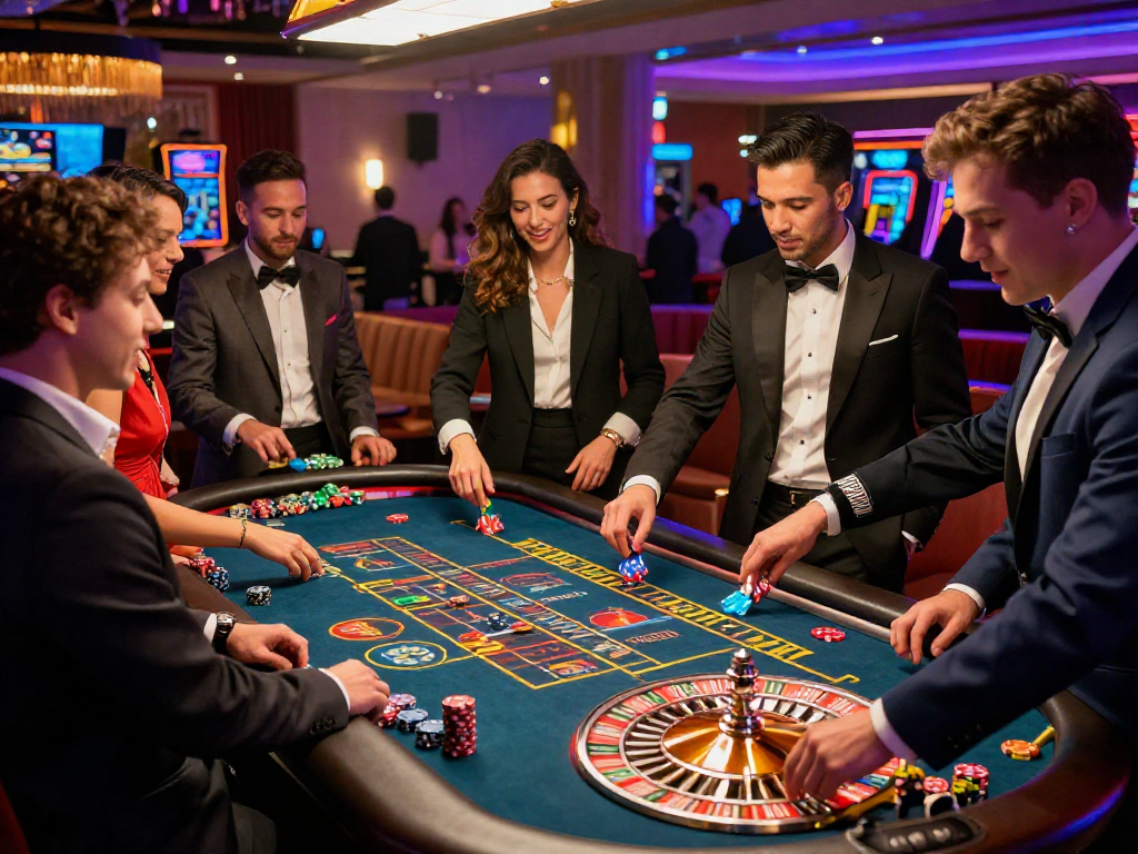 Giocatori entusiasti in un casinò non AAMS mentre scommettono alla roulette, esperienza coinvolgente e divertente.