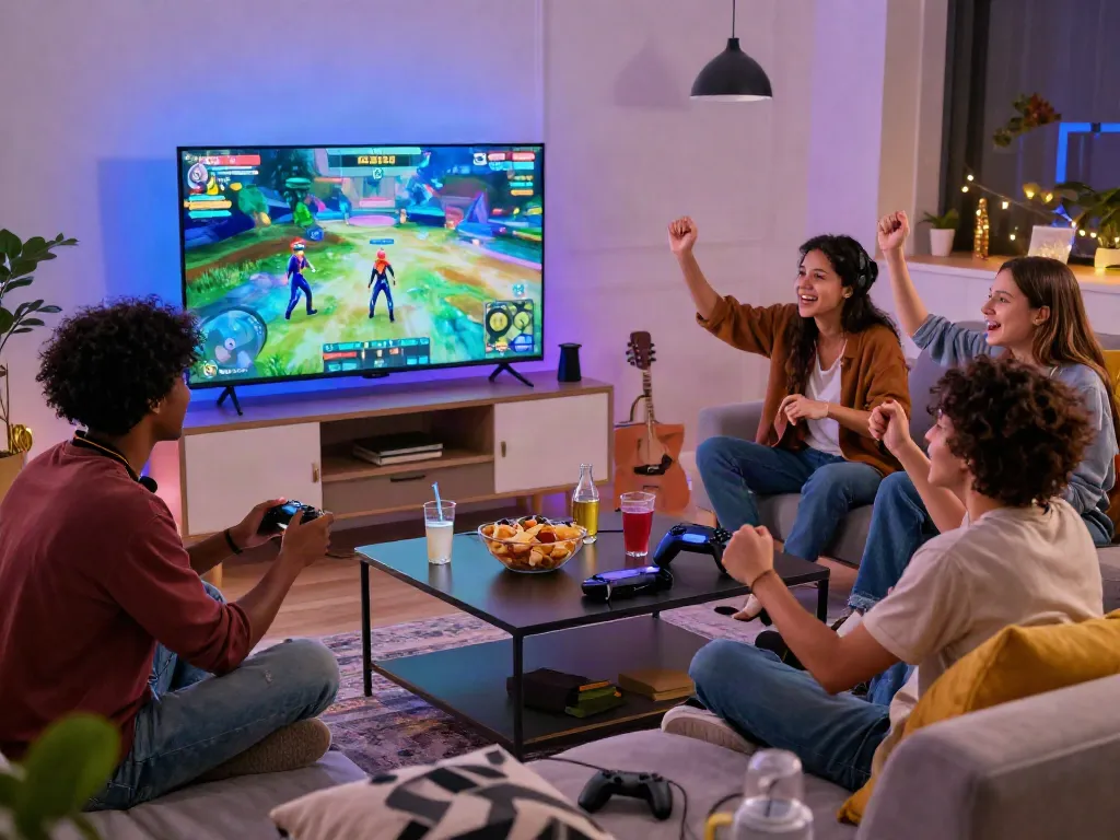 Friends engaging in online gaming at home, reflecting https://ku88vt.com/ vibrant atmosphere.
