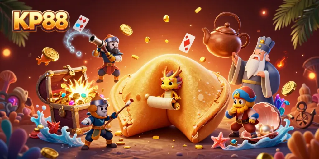 Experience the excitement of KP88 with a dynamic casino-themed 3D illustration showcasing adventurous gambling elements.