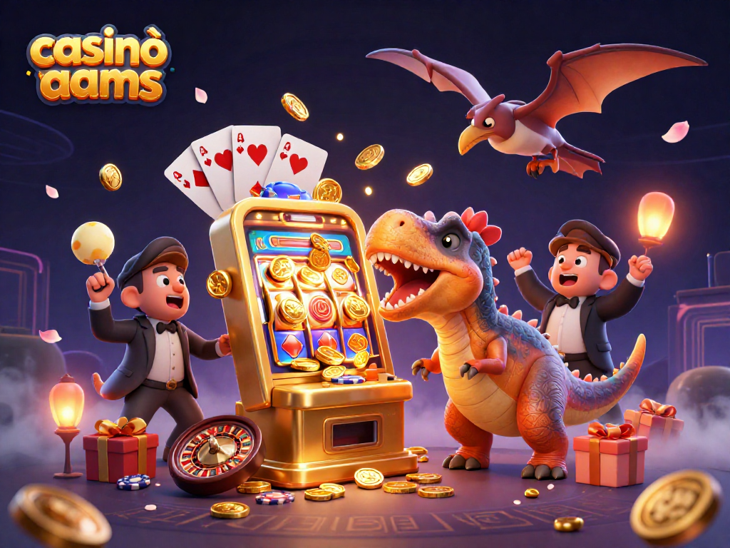 Animali dei casinò non aams: un pachicefalosauro che colpisce una slot, manager e pteranodonte raccolgono monete volanti