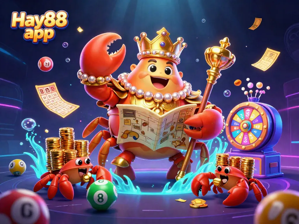 A vibrant scene showcasing the Hay88 app with a golden crab emperor and dynamic casino game elements.