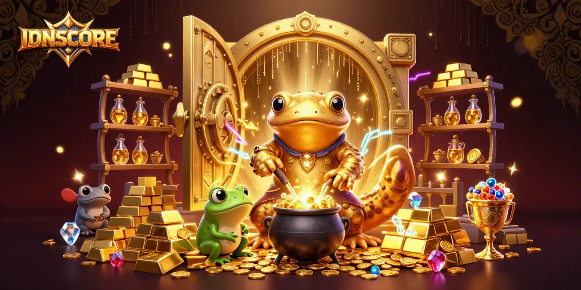 IDNSCORE showcases a magical alchemist scene with gold coins and gambling elements bursting with wealth.