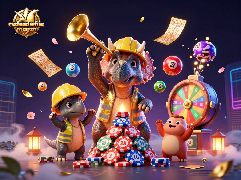 Engage in thrilling gaming with redandwhitemagzn as vibrant lottery elements surround celebrating characters.