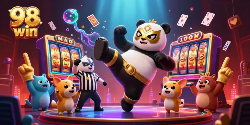 Experience dynamic gameplay at 98 win with an exciting scene of a panda wrestler and chihuahua referee in action.