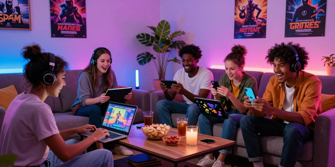 Enjoying popular porn games online with friends in a vibrant living room.