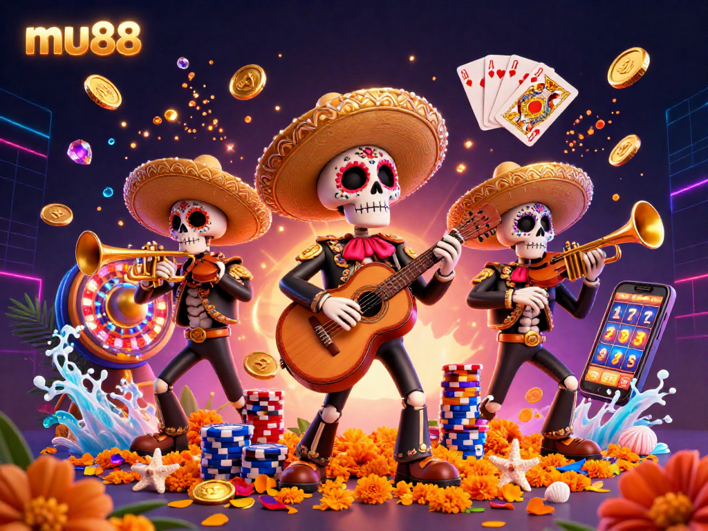 Play exciting casino games with mu88 featuring a lively mariachi band amidst gold coins.