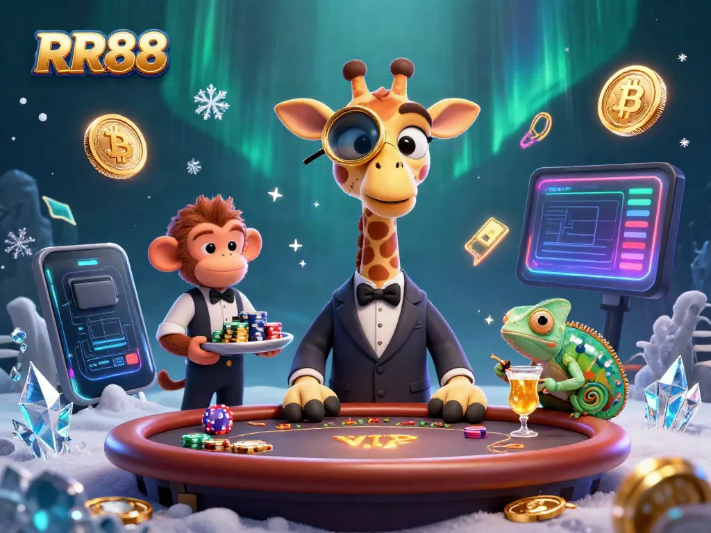 Experience the dynamic world of RR88 with a high-roller giraffe at the poker table amidst vibrant casino elements.