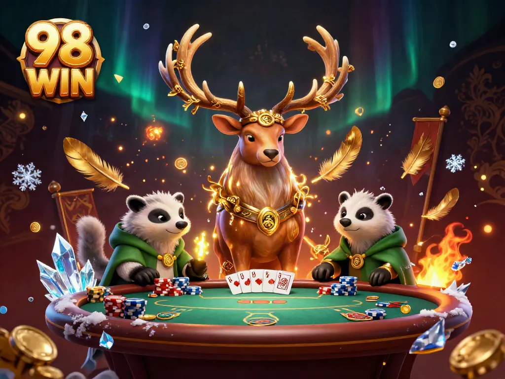 Engage in thrilling gameplay with 98 WIN's immersive poker scene featuring a Celtic druid stag and wise badger.