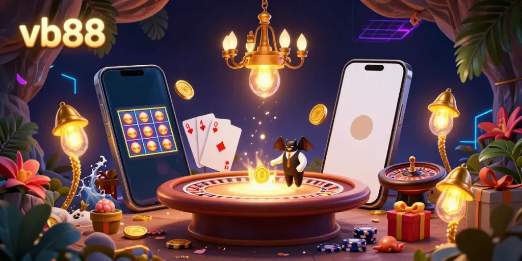 Experience the exciting gameplay of vb88 with slots and vibrant casino elements lighting up the cave.