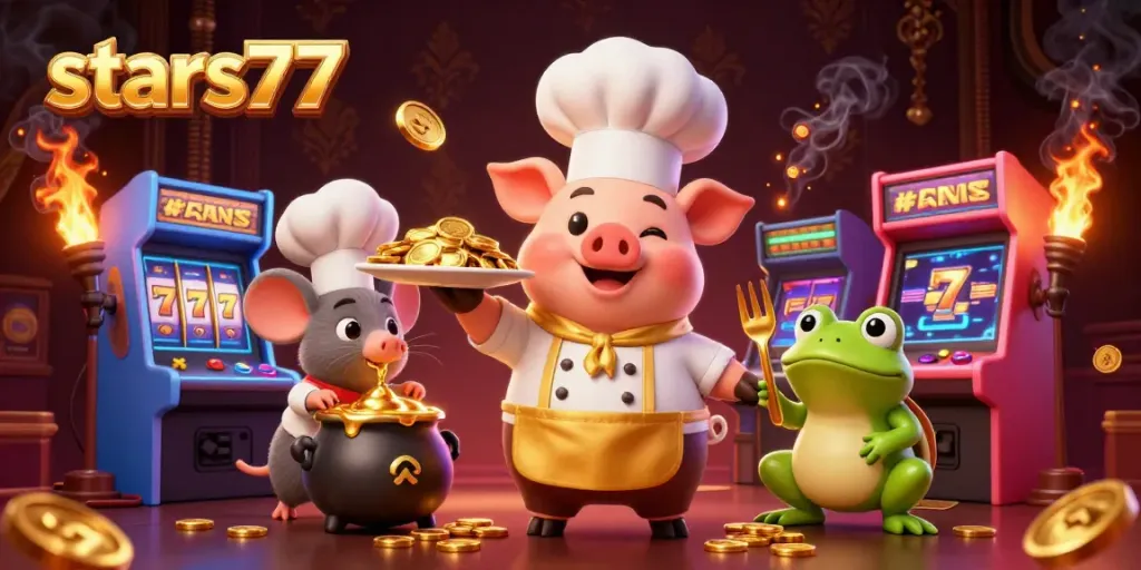Permainan slot di stars77 dengan karakter masakan menarik yang dipenuhi koin emas.