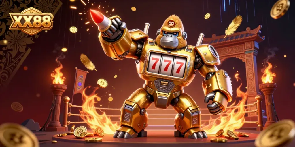 Experience the excitement of XX88 with a dynamic golden gorilla mech surrounded by coins and vibrant casino elements.