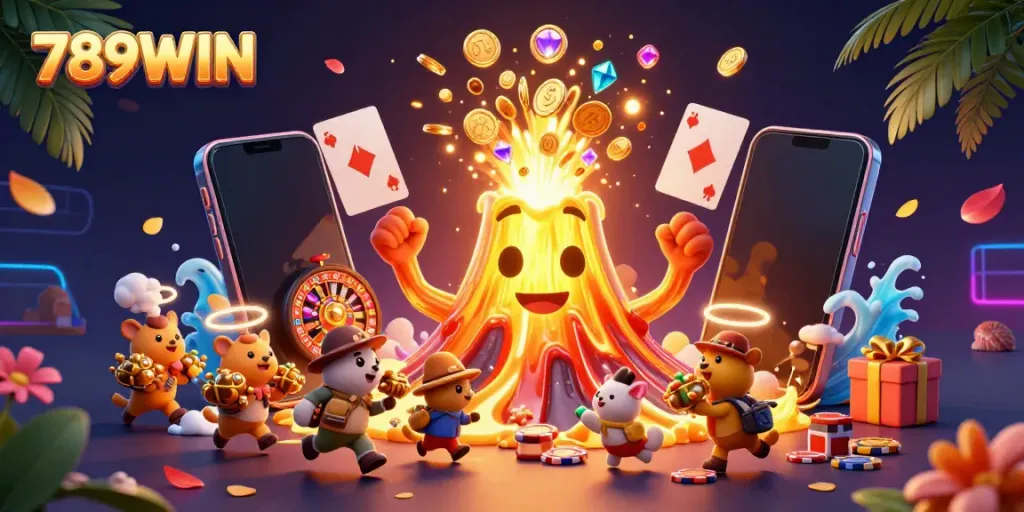 Experience the thrills of 789WIN as gold coins and treasures erupt from a lively volcano amidst vibrant casino elements.