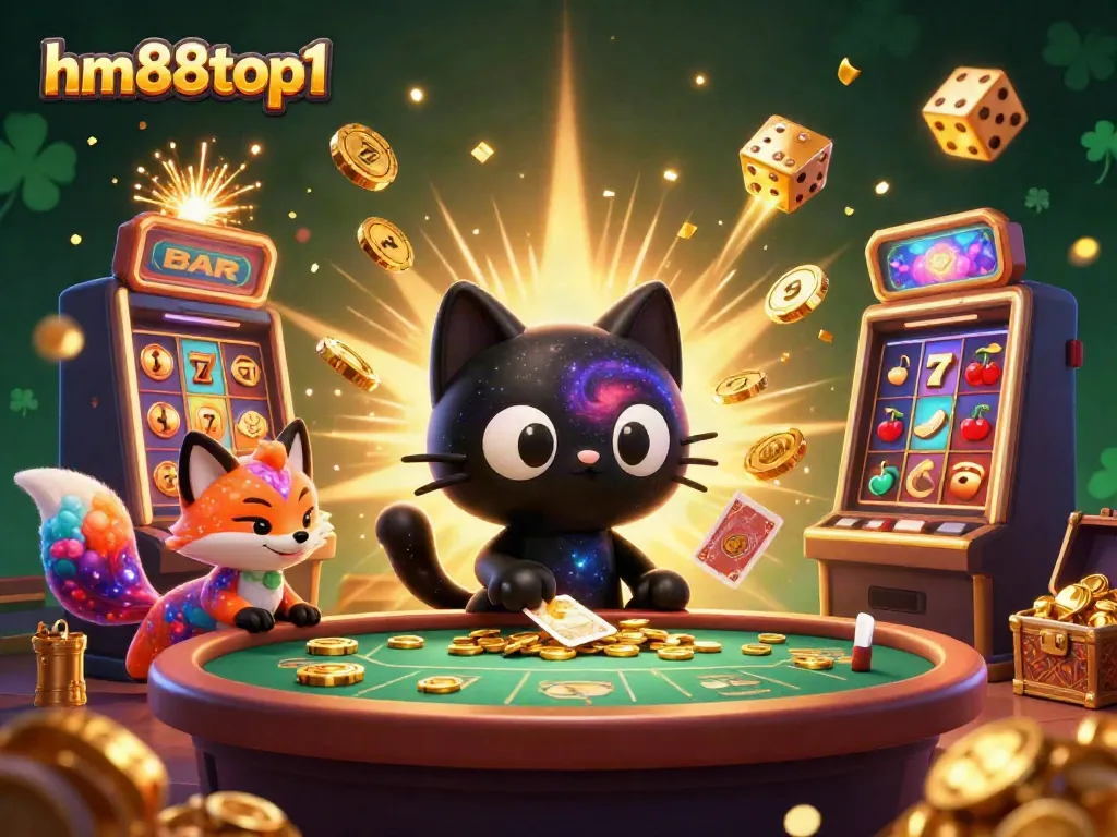 Experience the captivating hm88top1 universe with a cosmic casino scene, featuring a black hole cat and colorful fox amid jackpot excitement.