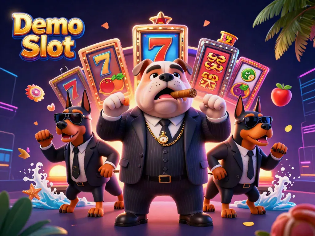 Play thrilling Demo Slot games with a cartoon mafia boss bulldog amidst dynamic casino elements.