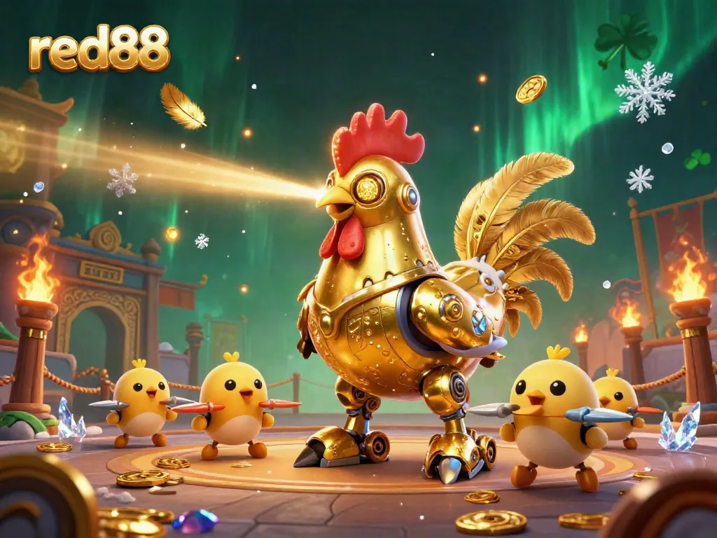 Experience the thrill of red88 with a vibrant 3D scene featuring a golden rooster robot amidst dramatic casino elements.