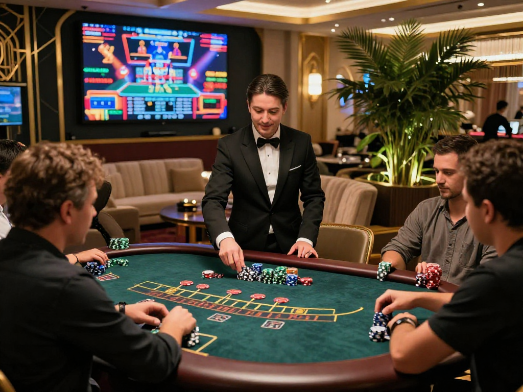 Atmosfera di un casinò non aams con tavoli da gioco, giocatori e decorazioni eleganti.