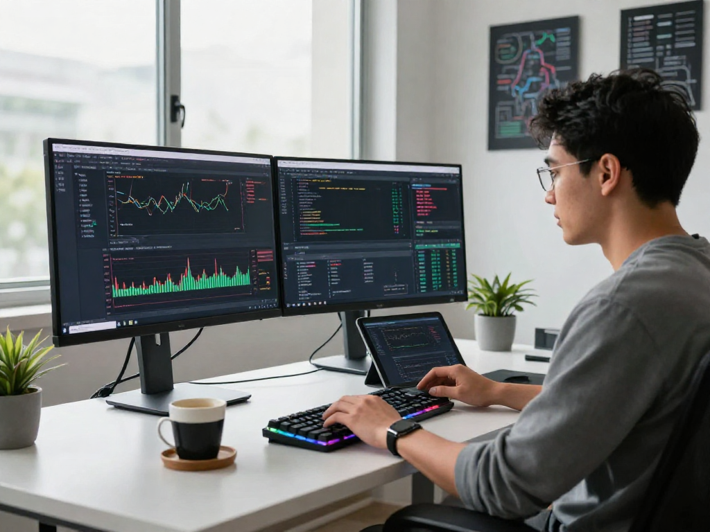 Developer analyzing HK stock WebSocket API data on dual screens in a modern workspace