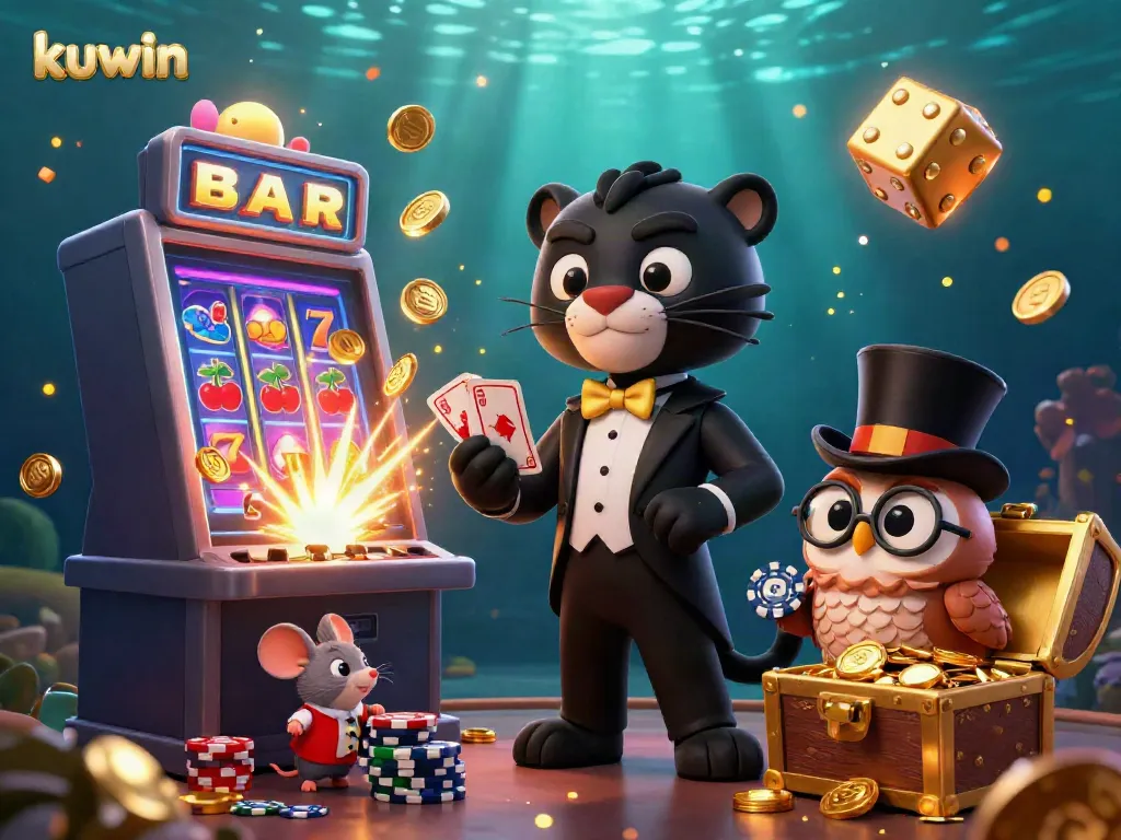 Kuwin's thrilling casino scene featuring a stylish panther dealer, vibrant slot machine explosion, and dynamic casino atmosphere.