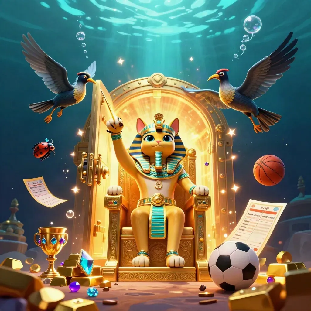 Pharaoh cat, ibis scribe, and gem-winged scarabs amid bursting treasure underwater